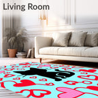 Black Cat Hearts Playful Red Pink Rug