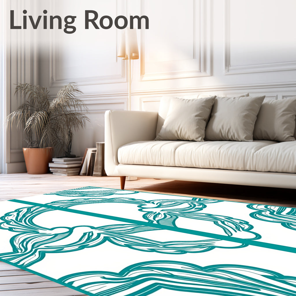 Teal Organic Scrollwork Repeating Pattern Rug