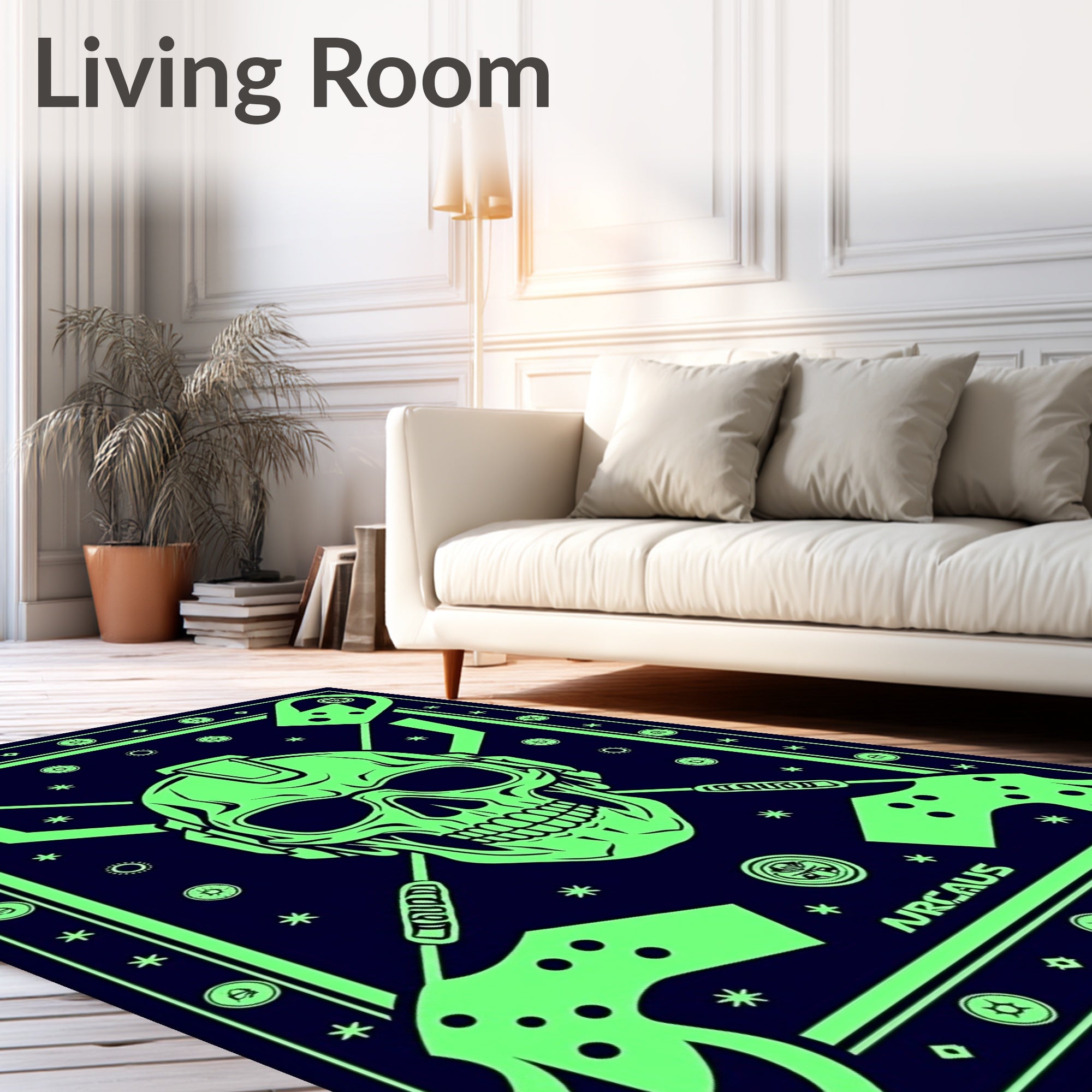 Neon Skull With Guns Accents Rug