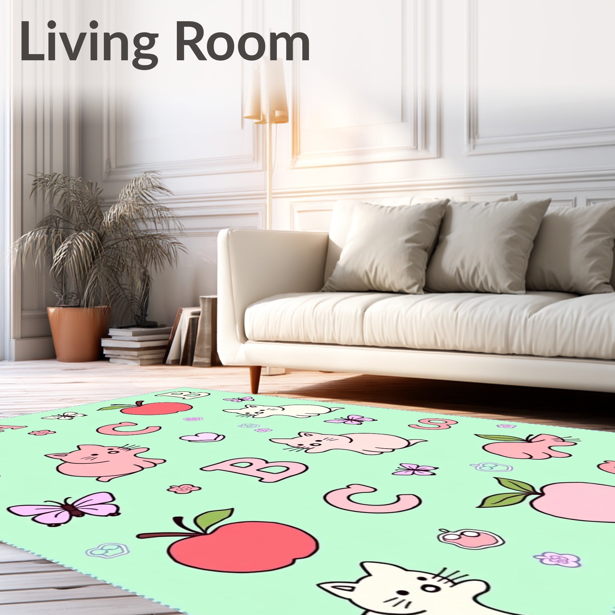 Cute Pink Cats Apples Butterflies Alphabet Rug