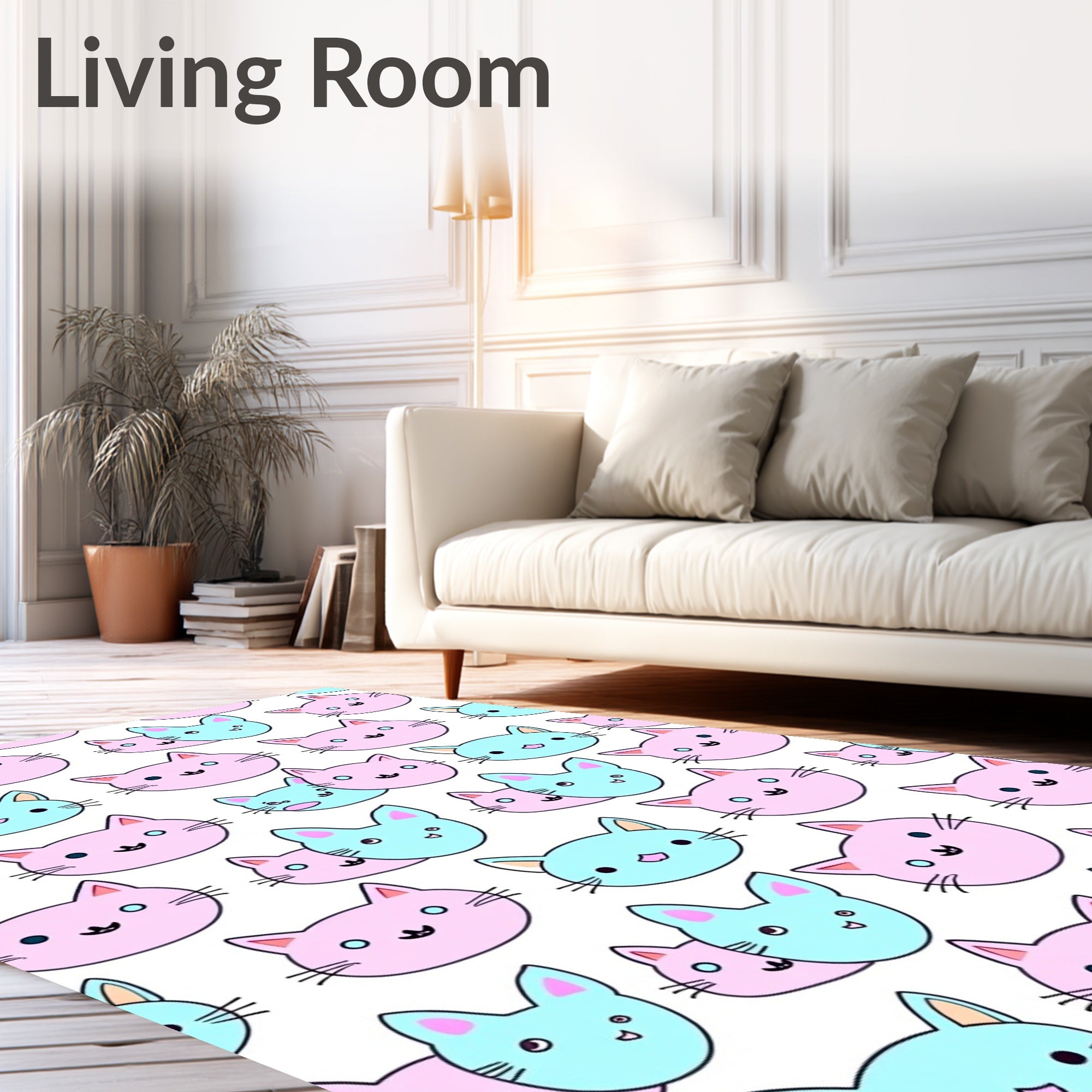 Pink And Teal Kawaii Cat Faces Rug