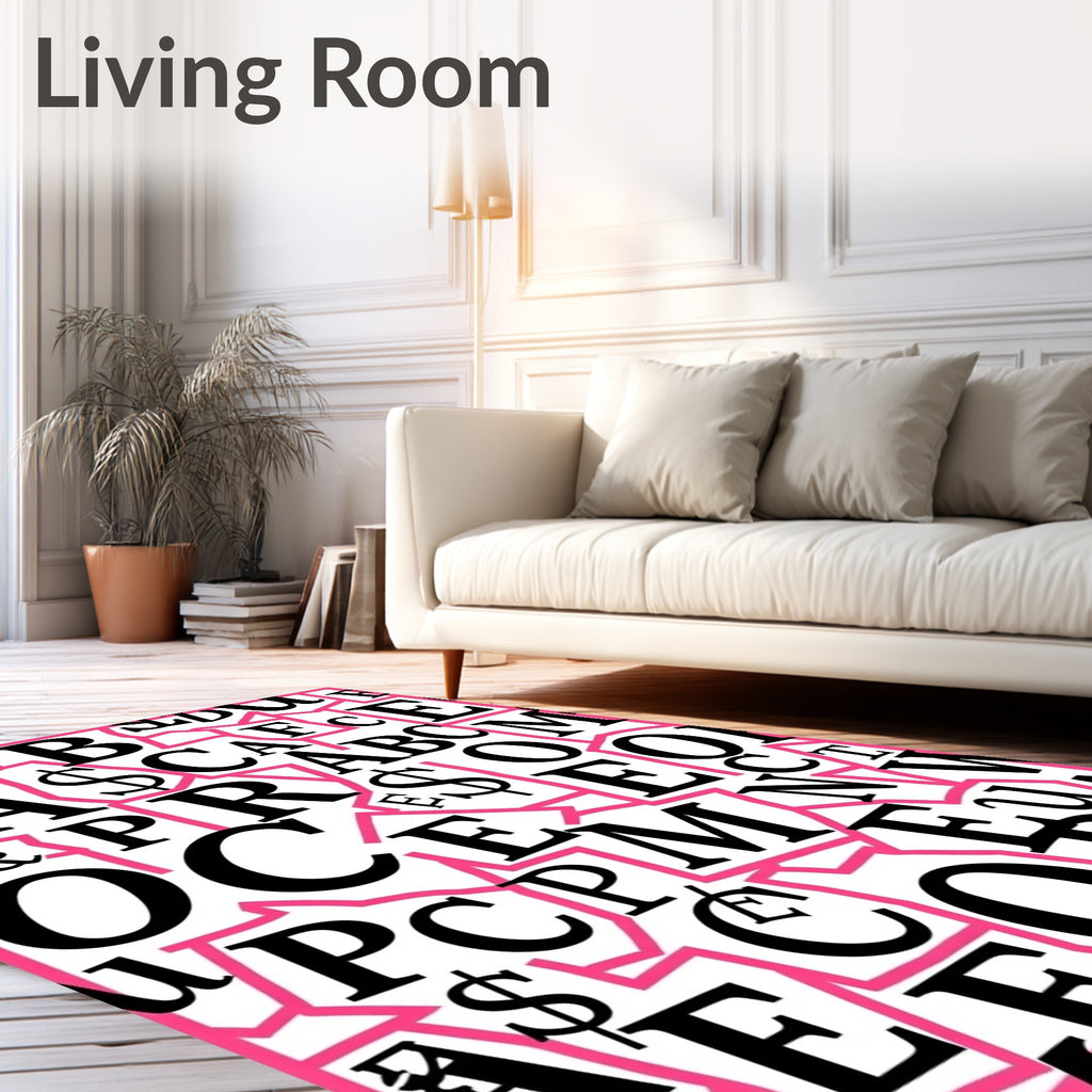 Black White Pink Alphabet Collage Rug