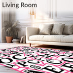 Black White Pink Alphabet Collage Rug