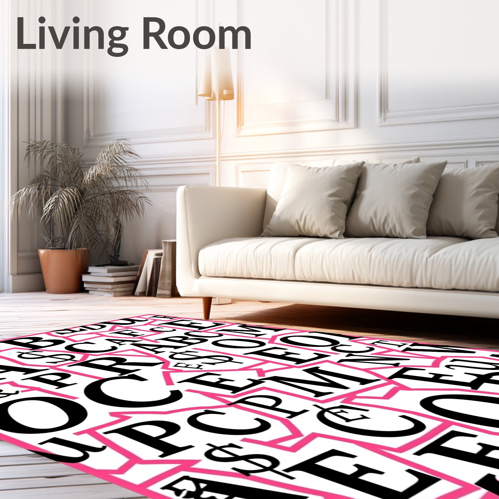 Black White Pink Alphabet Collage Rug