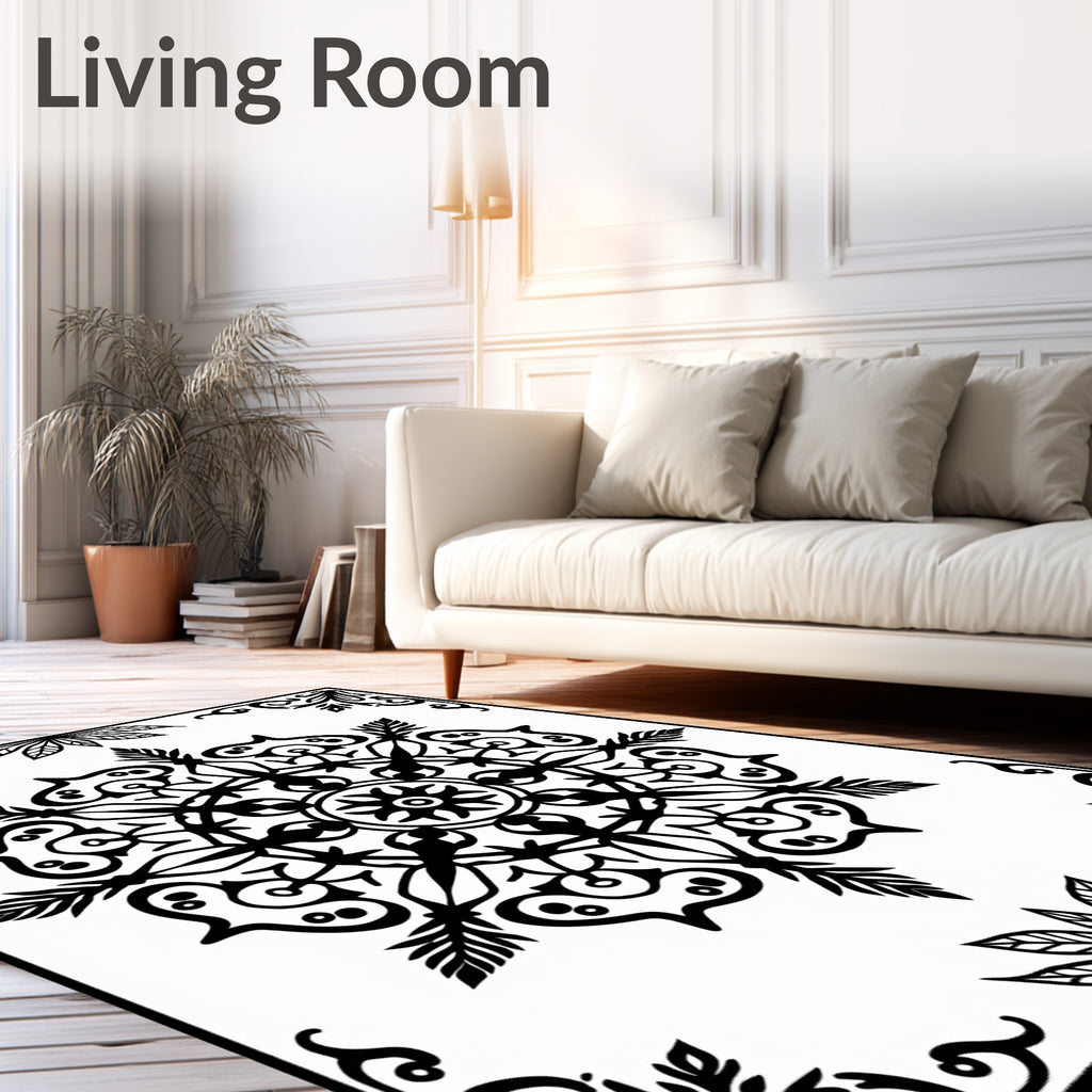 Black White Ornate Medallion Mandala Rug