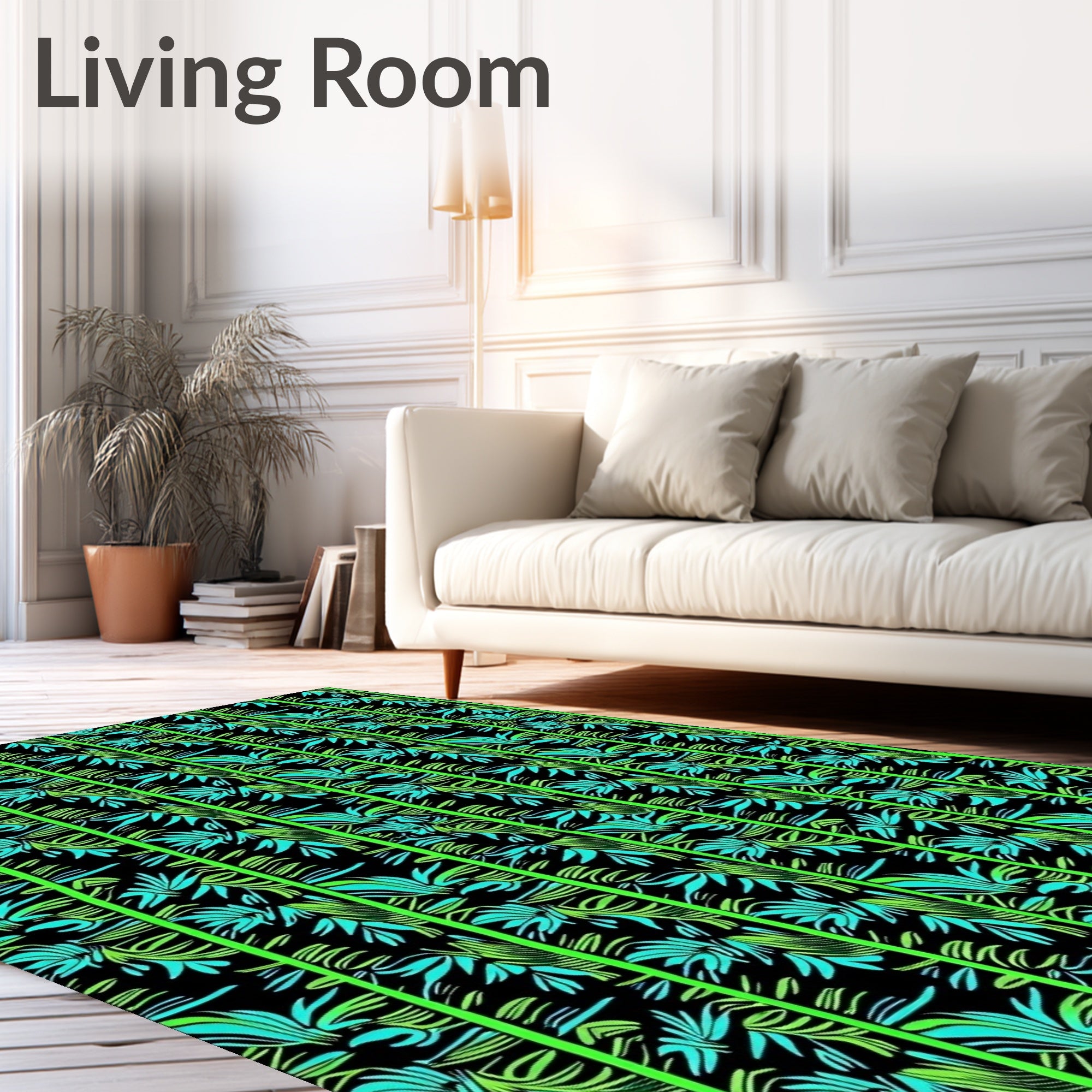 Vibrant Emerald Teal Leafy Stripes Rug