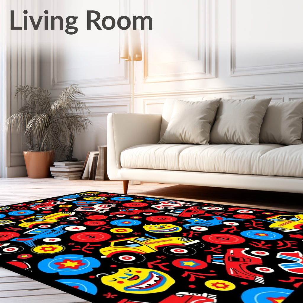 Whimsical Cartoon Vehicle Collage Rug