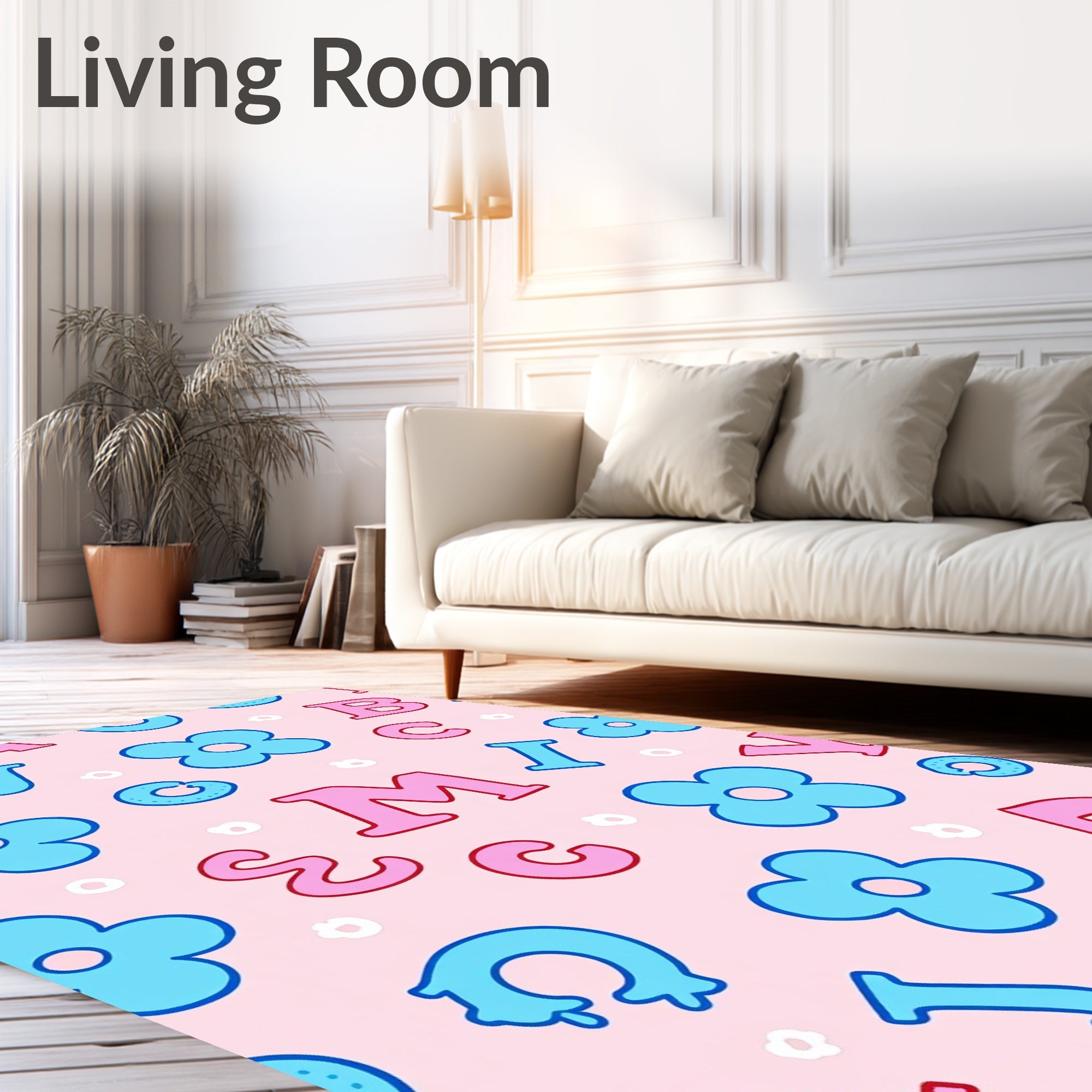 Pink Blue Alphabet Floral Playful Rug