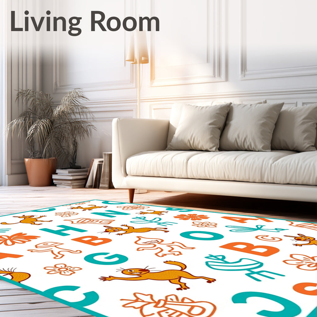 Whimsical Orange Blue Animals Letters Rug