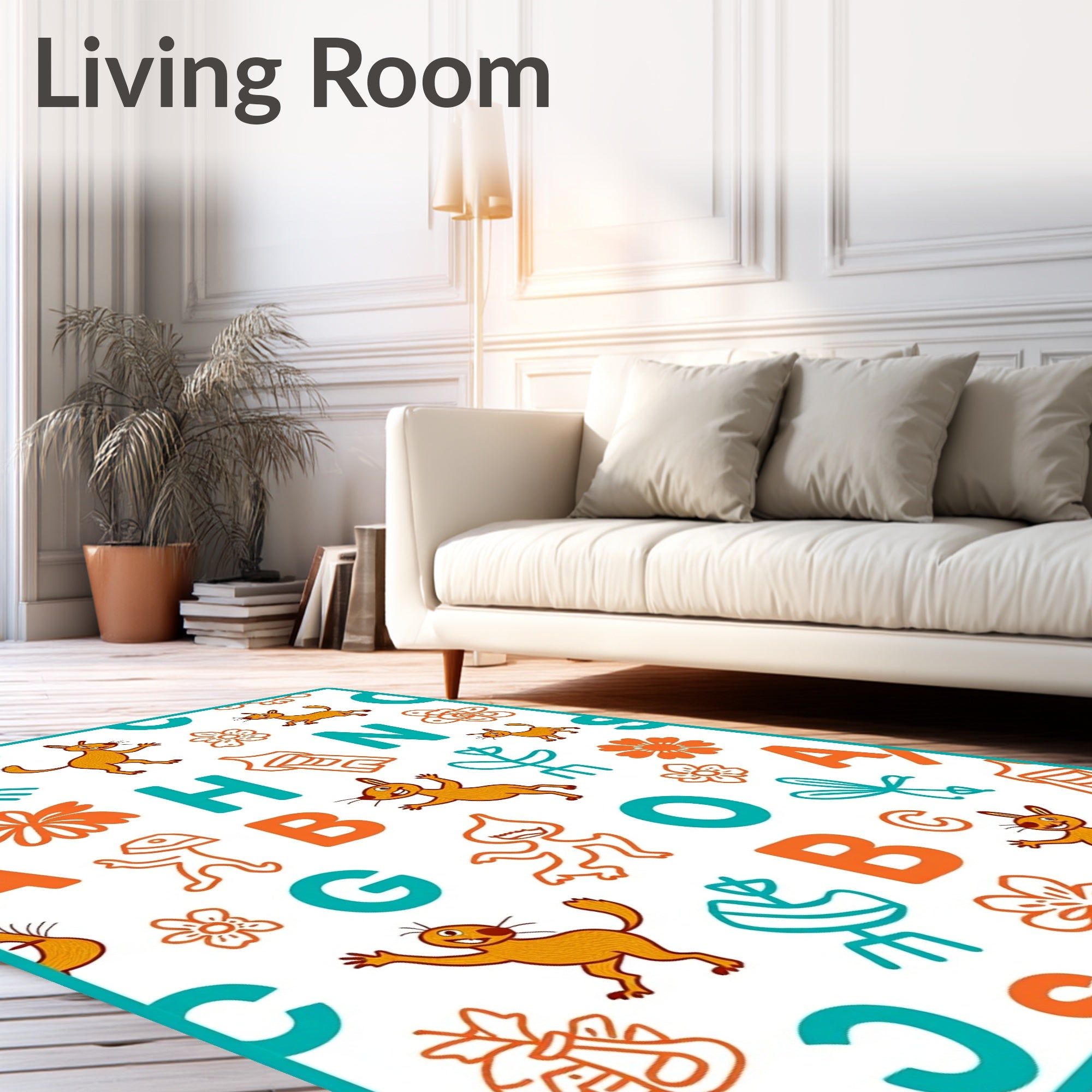 Whimsical Orange Blue Animals Letters Rug
