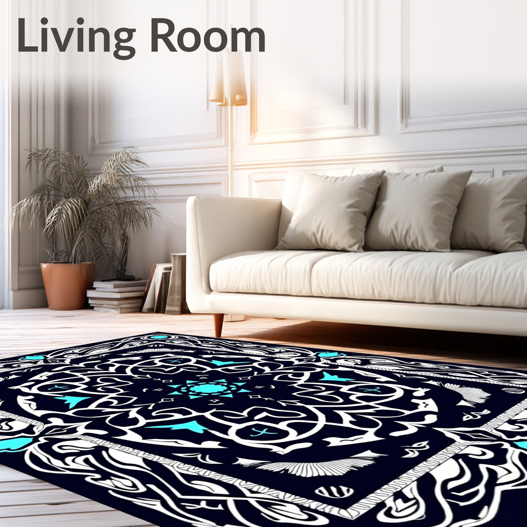 Deep Blue White Teal Medallion Rug