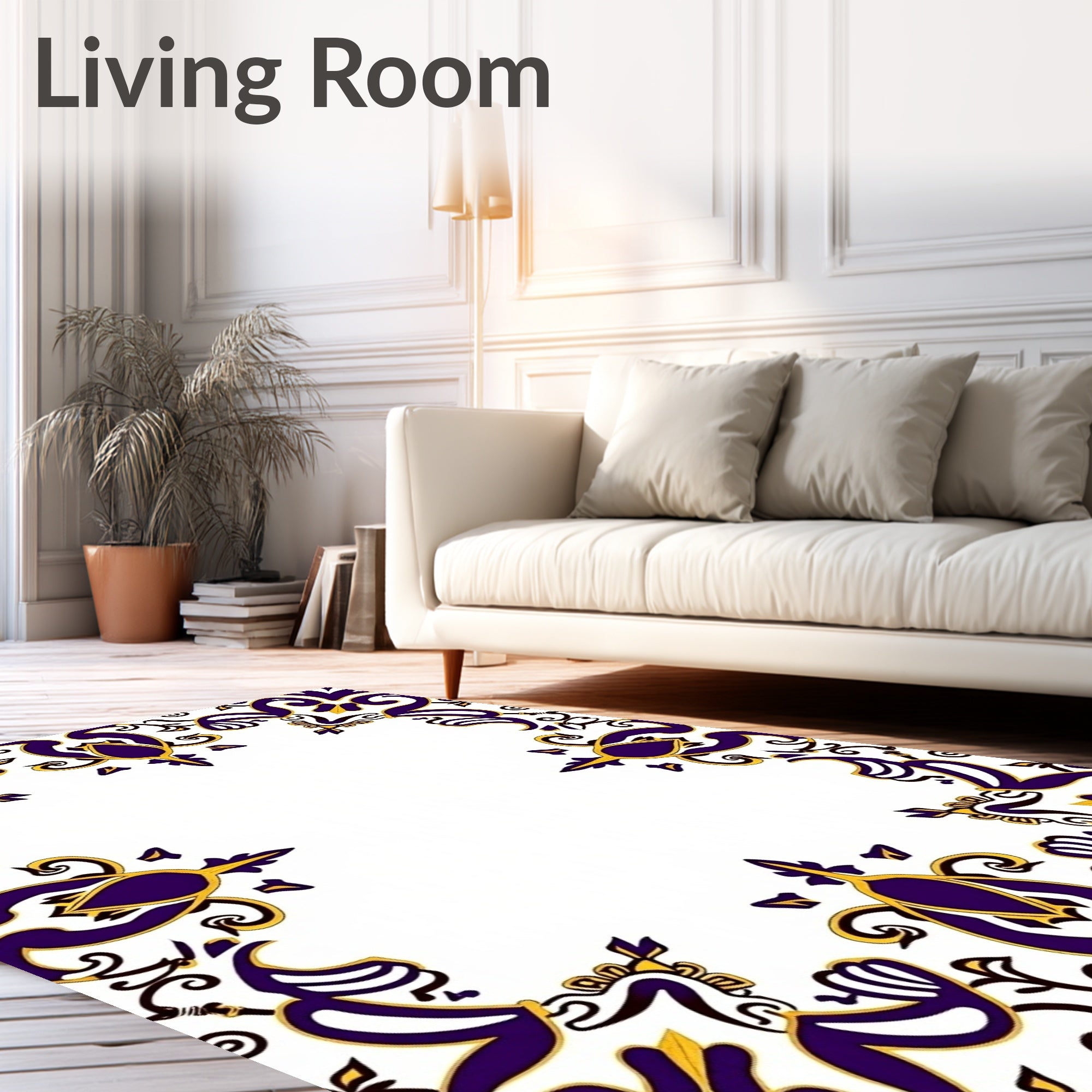 Ornate Gold White Royal Blue Scroll Rug