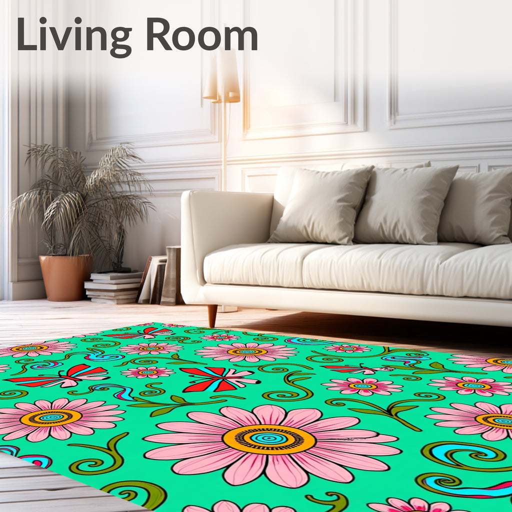Pink Daisy Butterflies Teal Background Rug