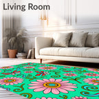 Pink Daisy Butterflies Teal Background Rug