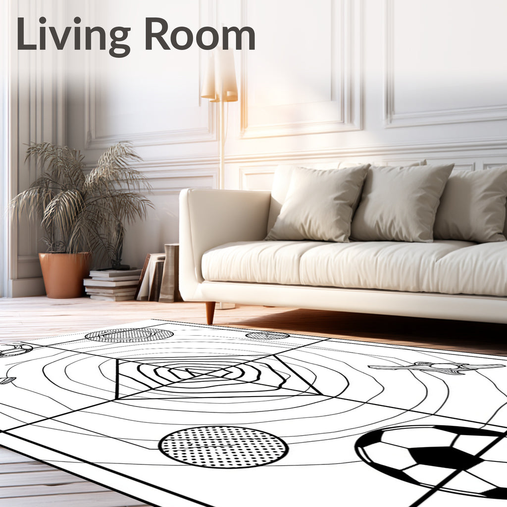 Black White Soccer Field Foosball Accents Rug
