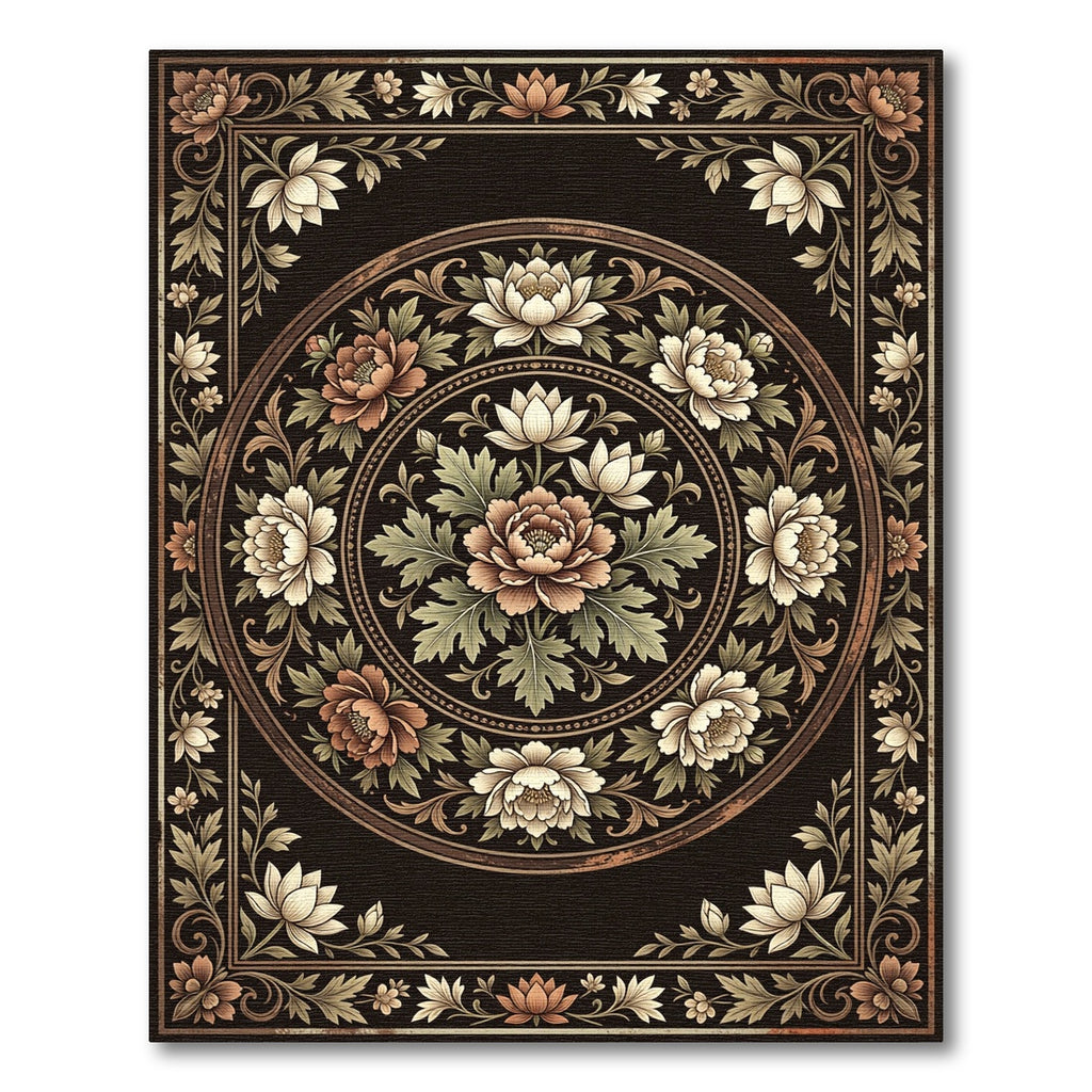 Vintage Floral Medallion Black Beige Round Rug