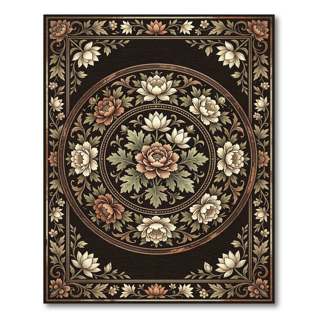 Vintage Floral Medallion Black Beige Round Rug