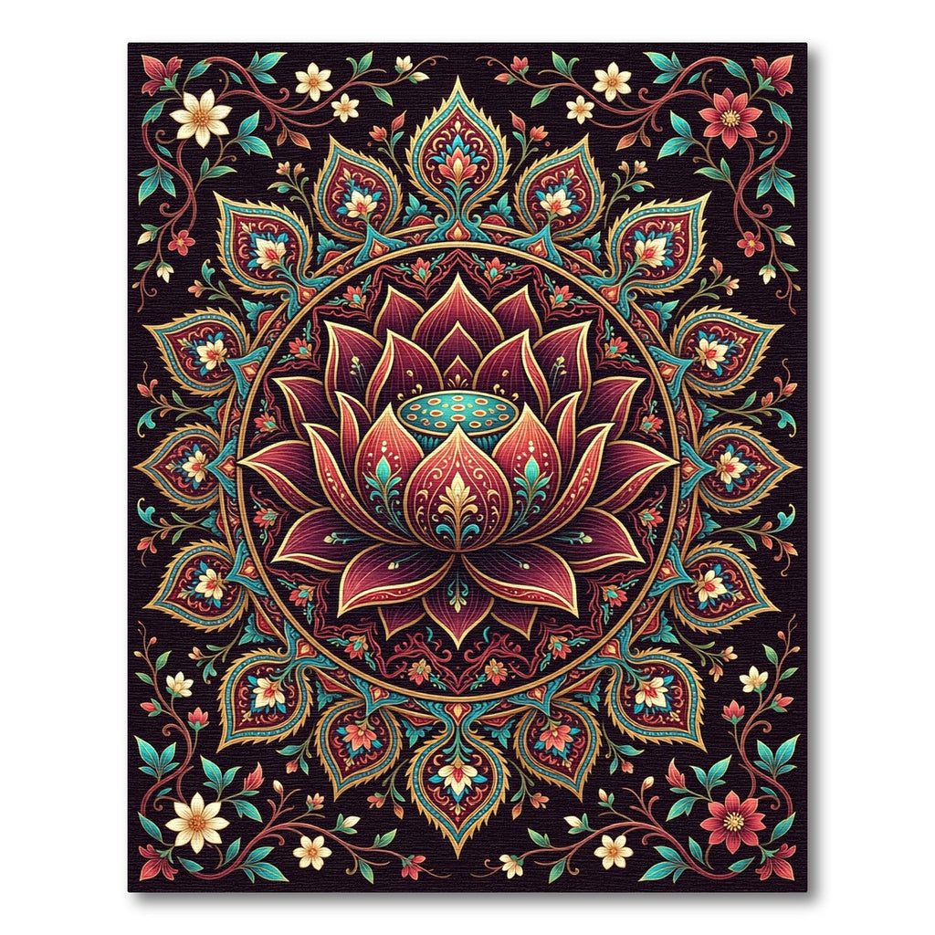 Ornate Burgundy Lotus Floral Mandala Rug