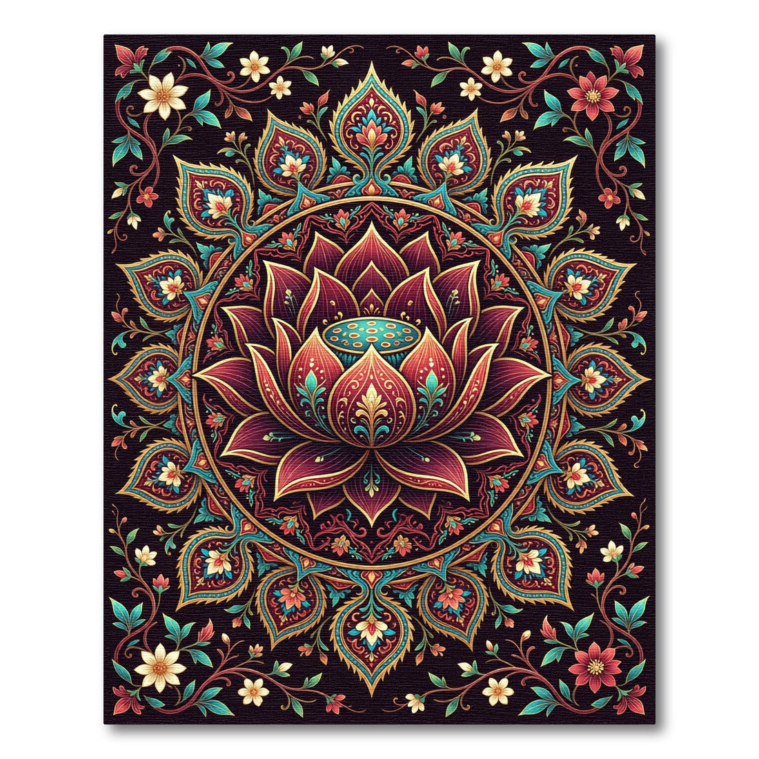 Ornate Burgundy Lotus Floral Mandala Rug
