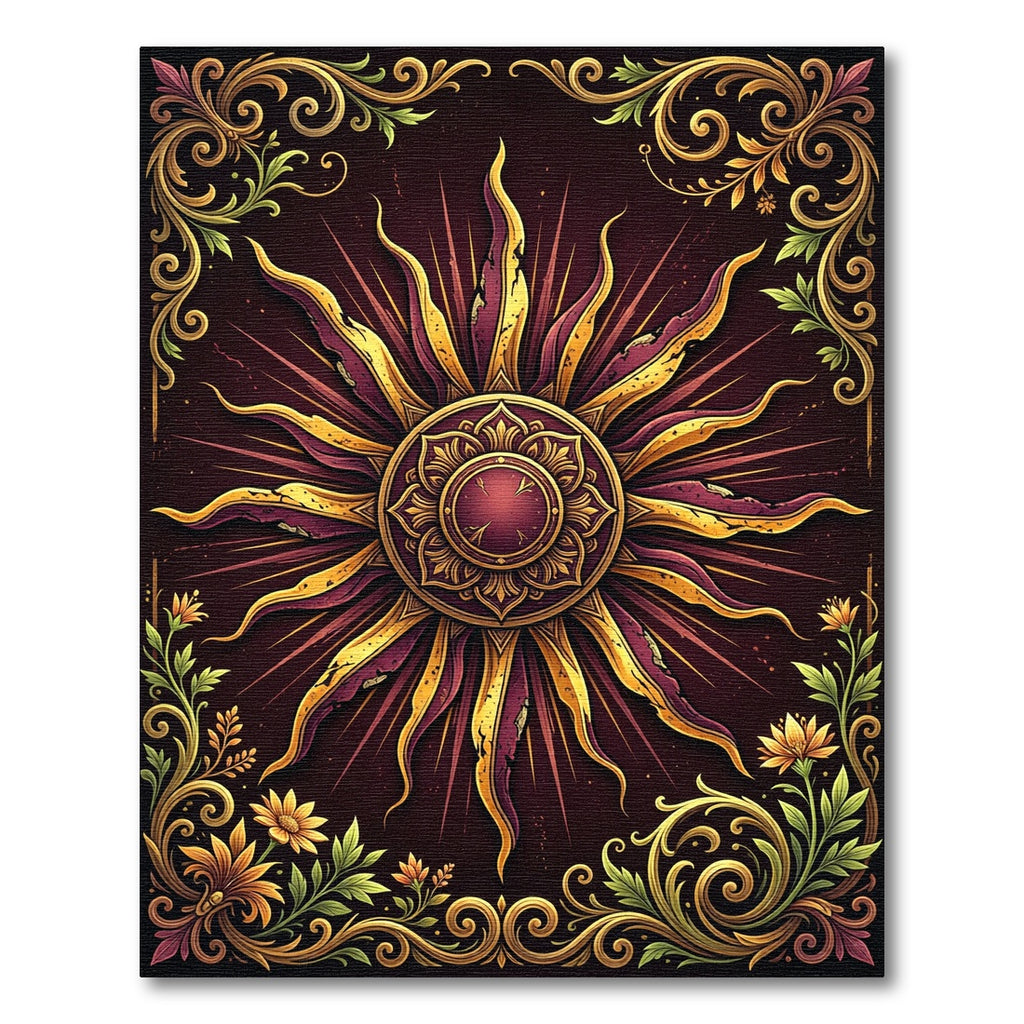 Golden Sunburst Floral Ornate Crimson Area Rug