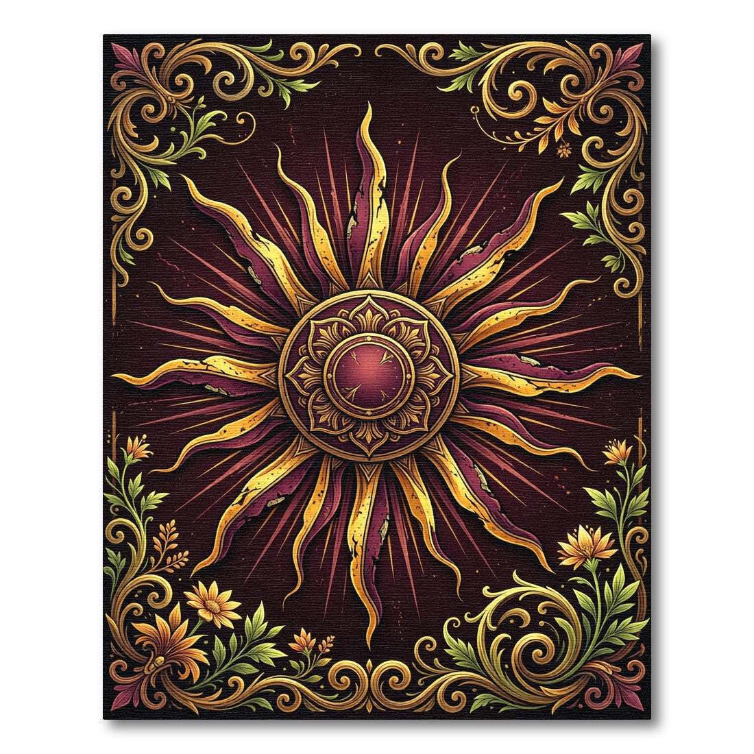 Golden Sunburst Floral Ornate Crimson Area Rug