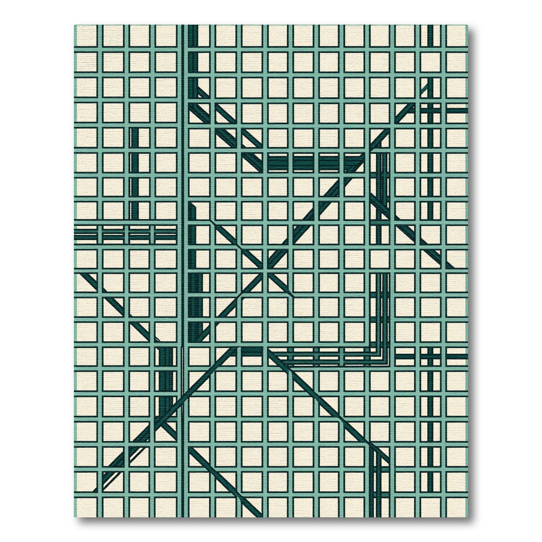 Minimalist Teal Grid Geometric Linear Rug