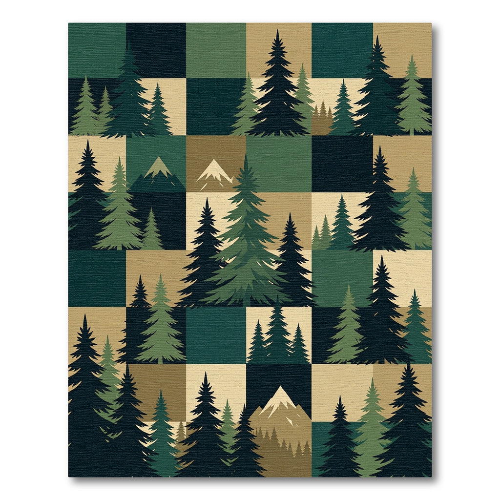 Earthy Evergreen Forest Mountain Grid Rug