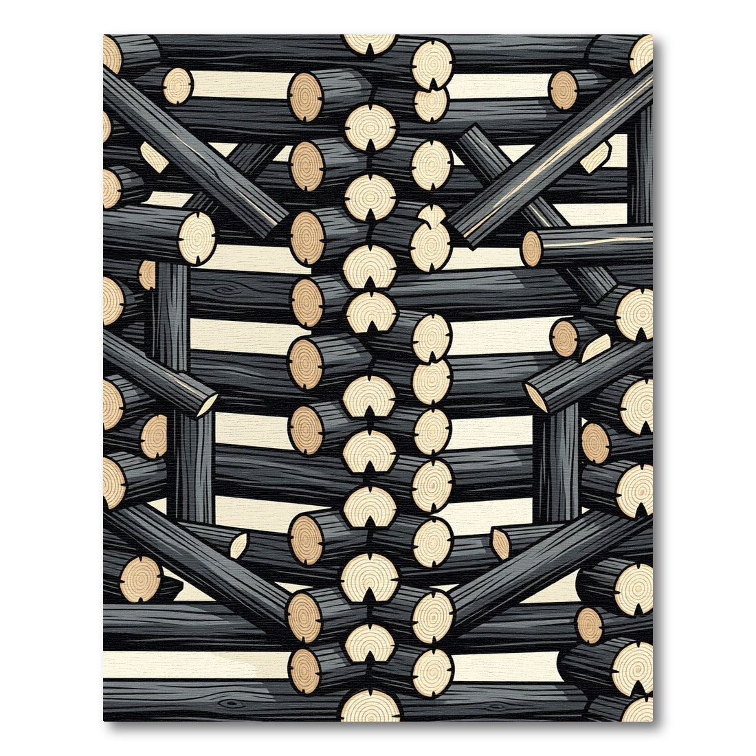 Rustic Monochrome Stacked Log Abstract Rug