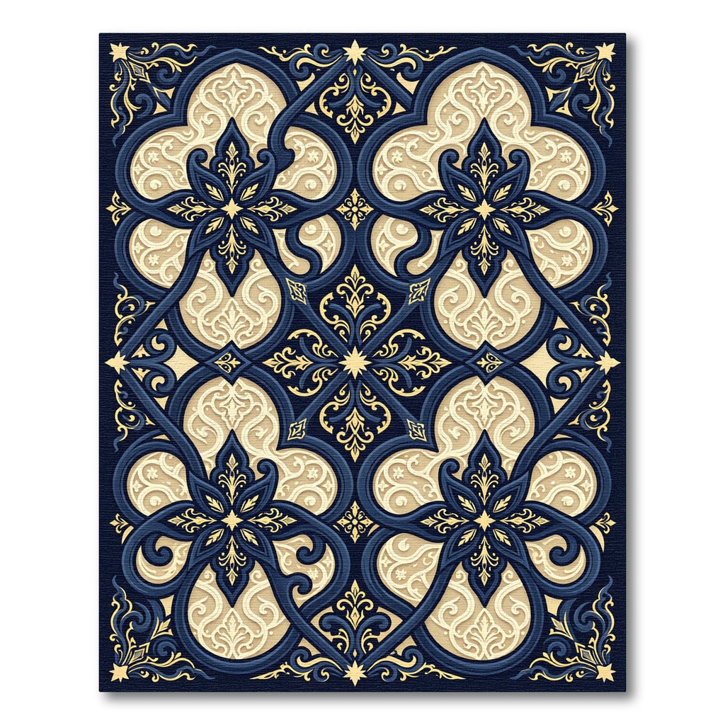 Deep Blue Gold Floral Arabesque Rug