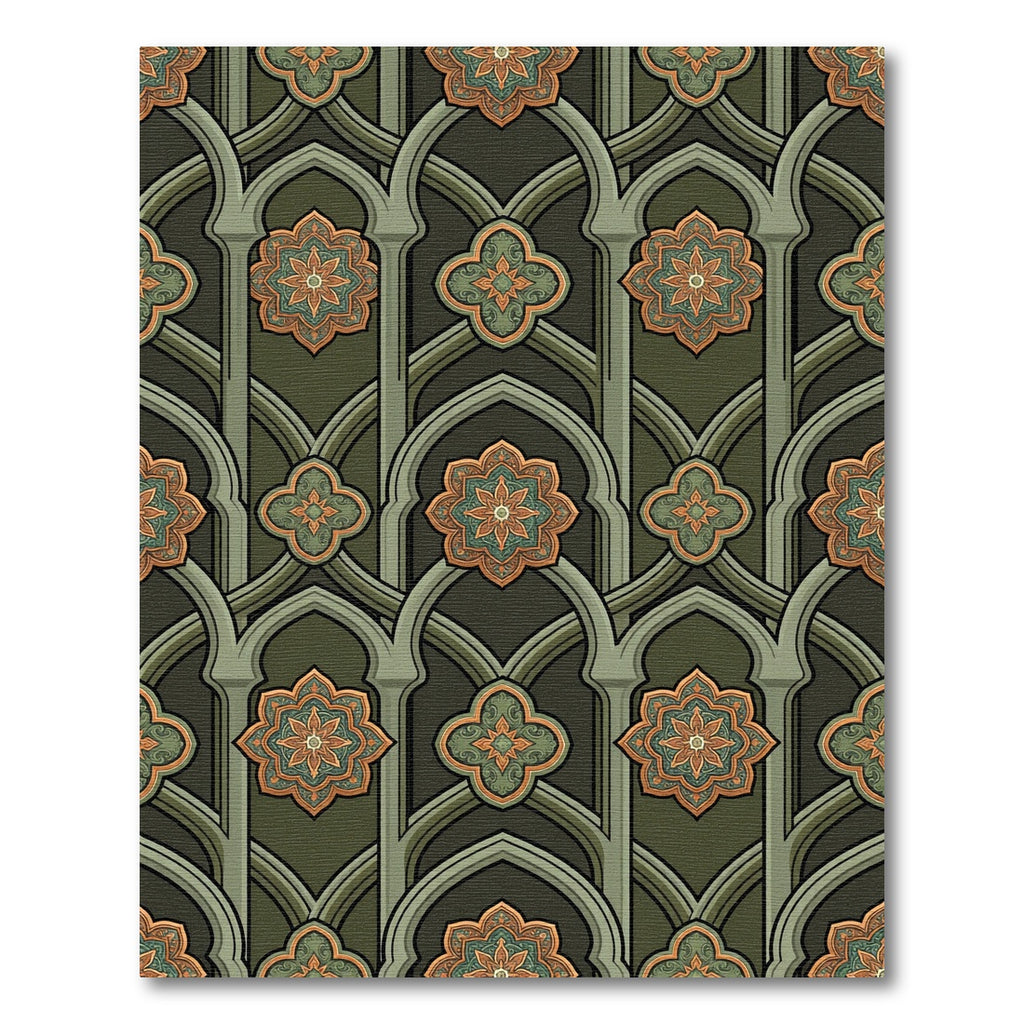 Sage Green Gothic Arch Floral Medallion Rug