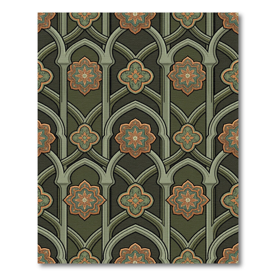 Sage Green Gothic Arch Floral Medallion Rug