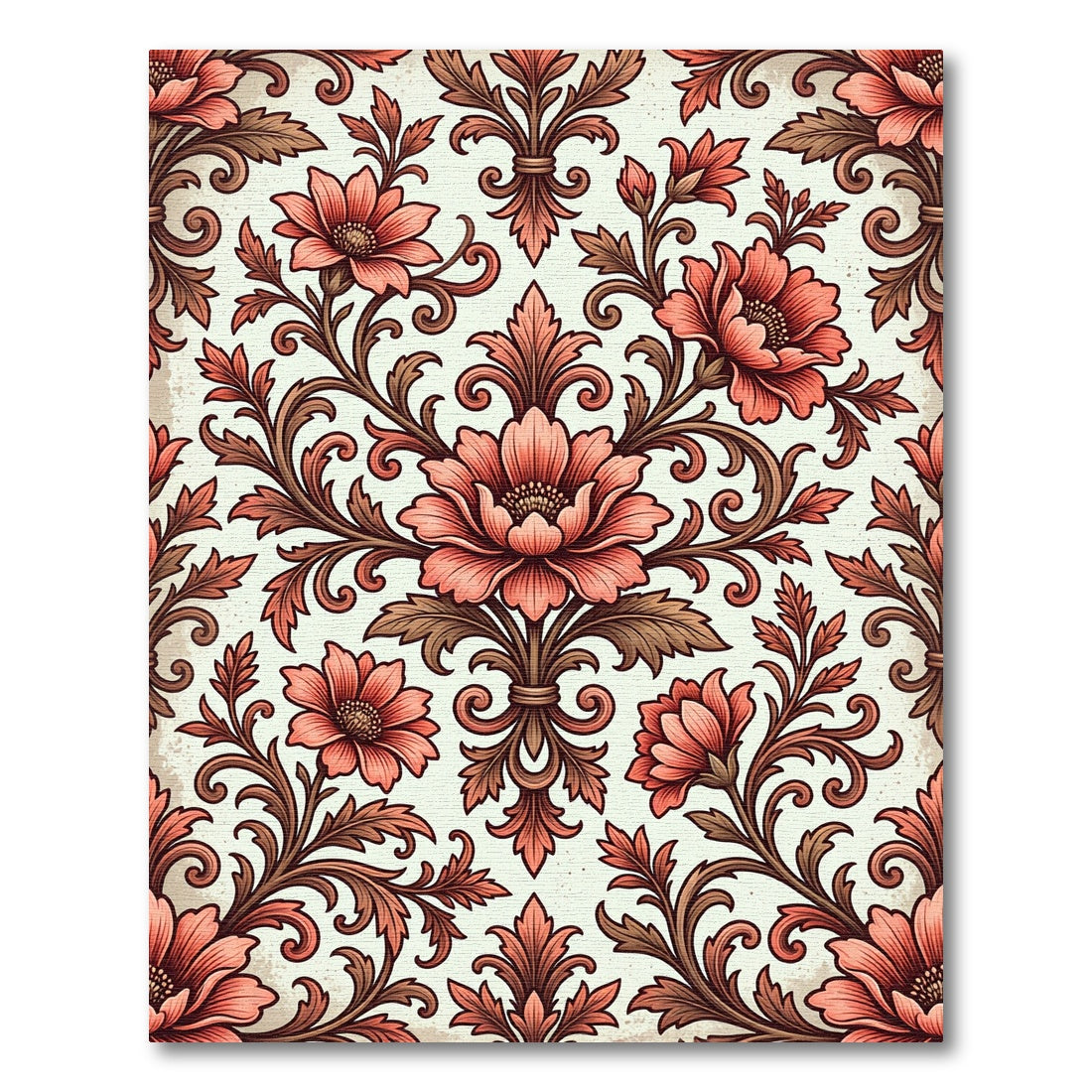 Coral Rose Floral Scrolling Vine Rug