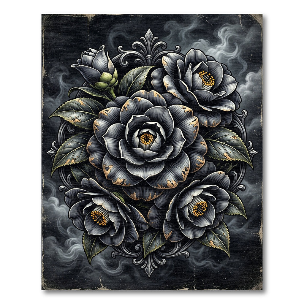 Gothic Monochrome Rose Floral Arrangement Rug