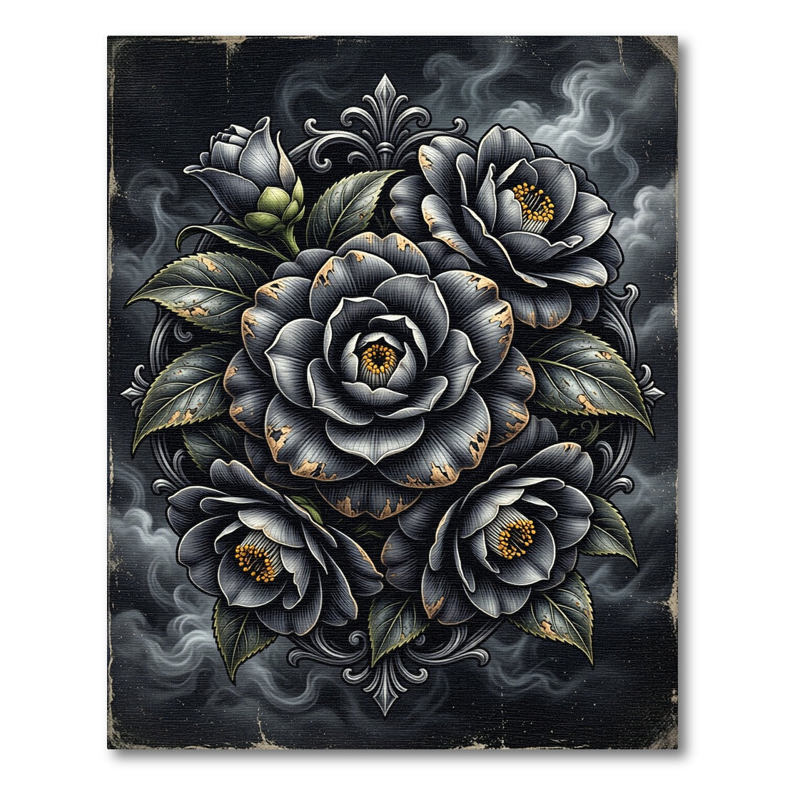 Gothic Monochrome Rose Floral Arrangement Rug