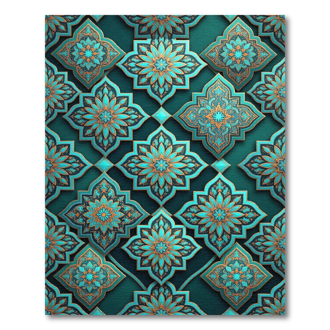 Teal and Gold Ornate Floral Tile Rug