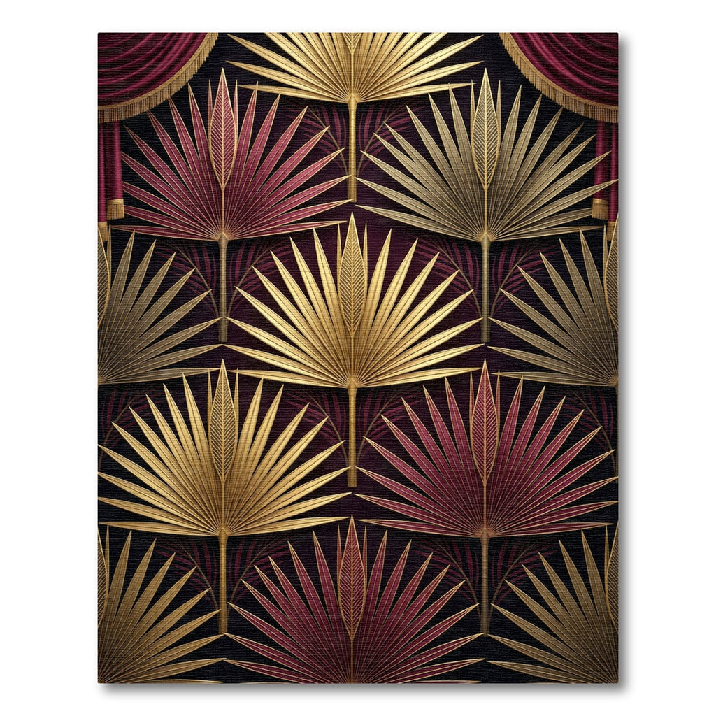 Art Deco Gold and Burgundy Palm Rug