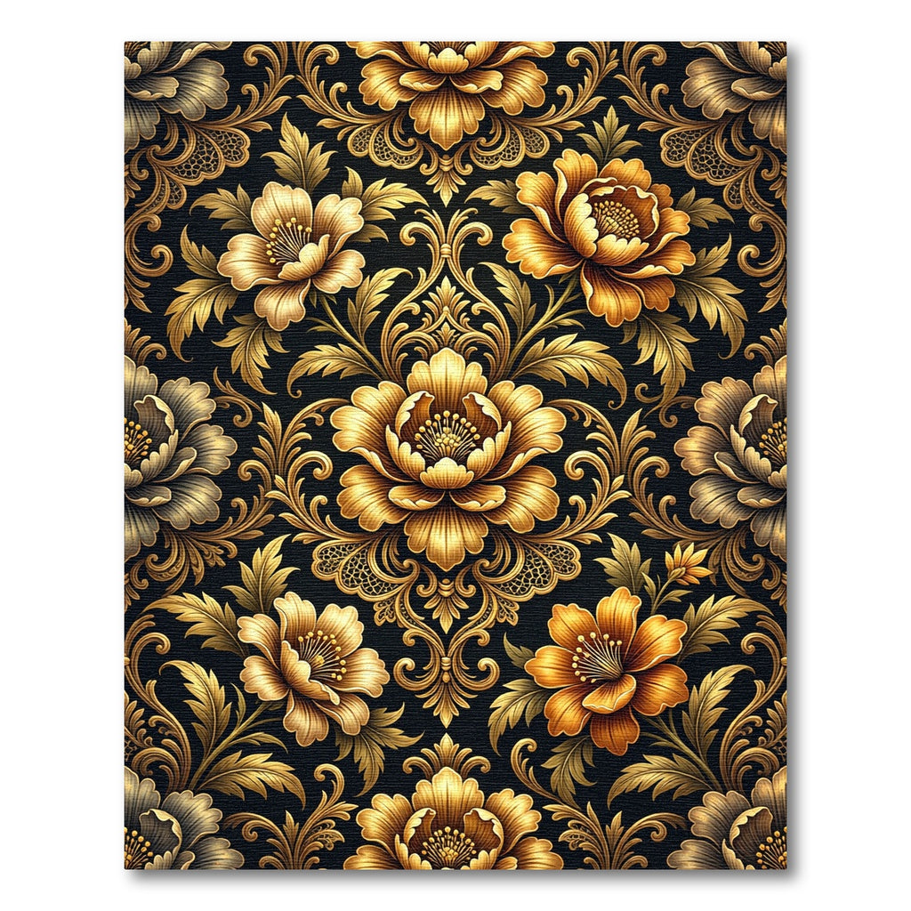 Golden Floral Damask Noir Tapestry Rug