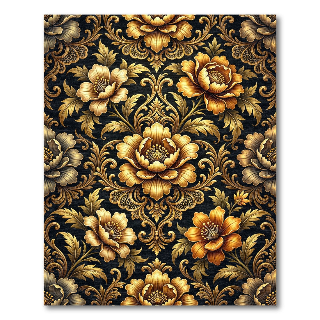 Golden Floral Damask Noir Tapestry Rug