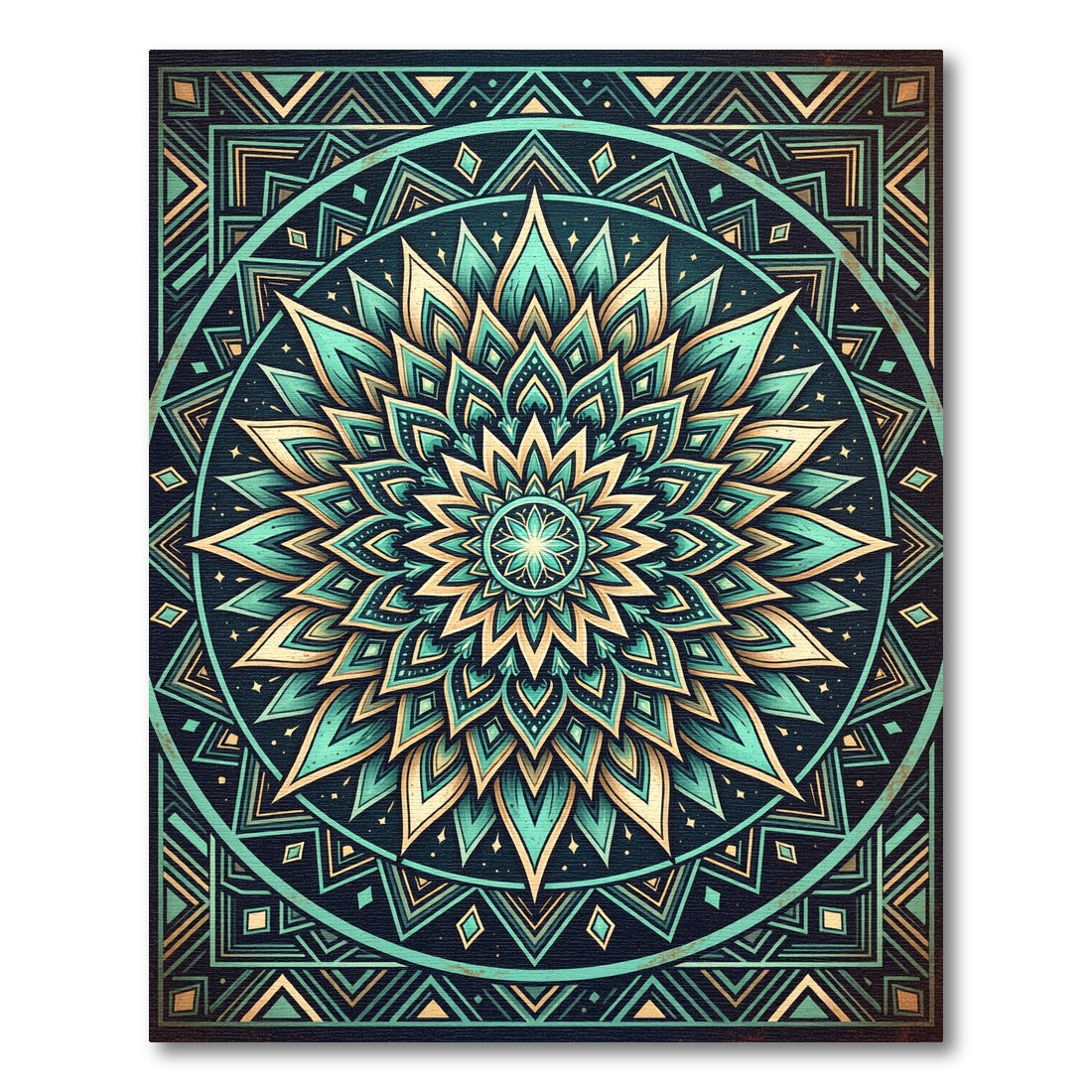 Teal Golden Mandala Geometric Art Rug