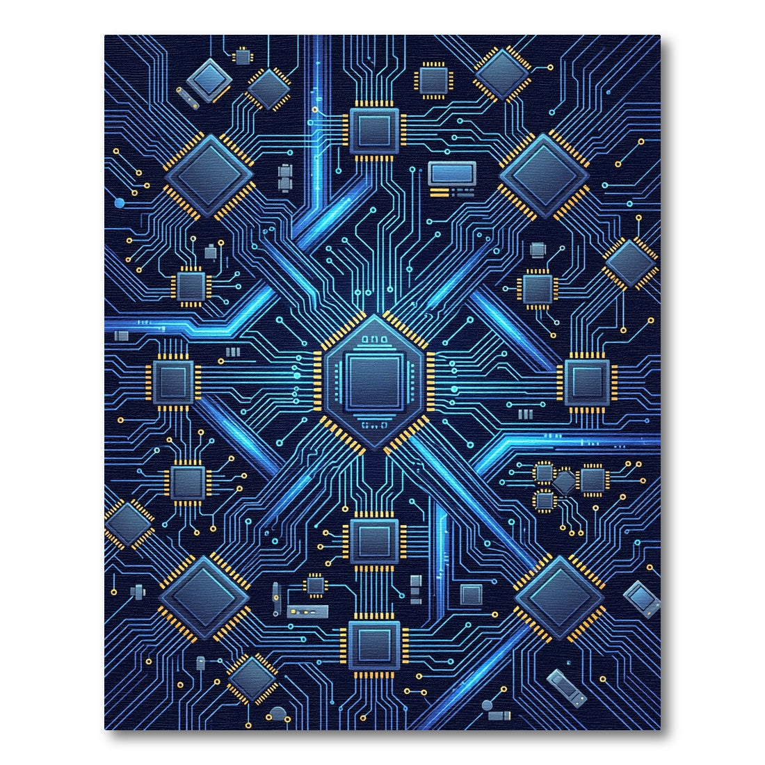 Electric Blue Neon Circuit Board Grid Rug