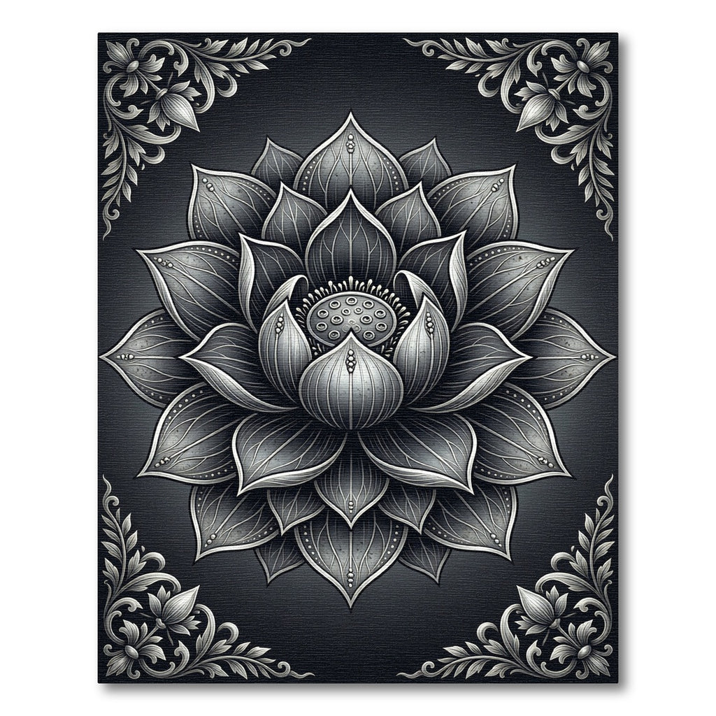 Monochrome Silver Lotus Floral Medallion Rug