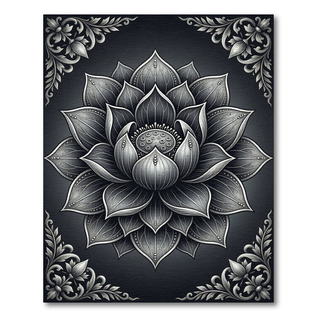 Monochrome Silver Lotus Floral Medallion Rug
