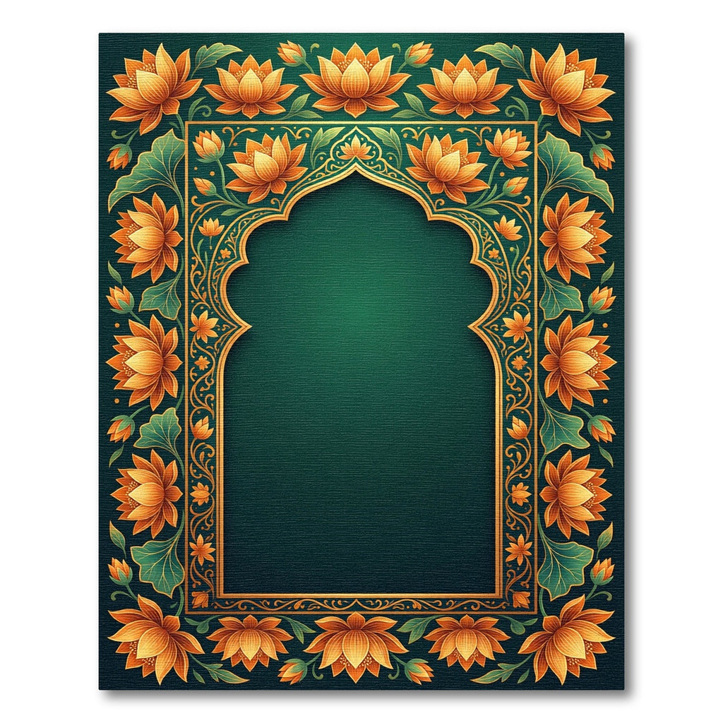 Golden Lotus Floral Emerald Frame Rug
