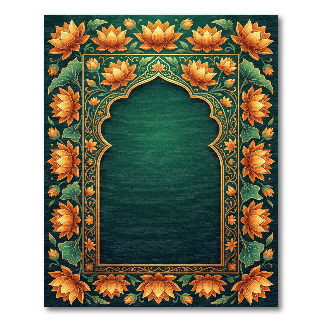 Golden Lotus Floral Emerald Frame Rug