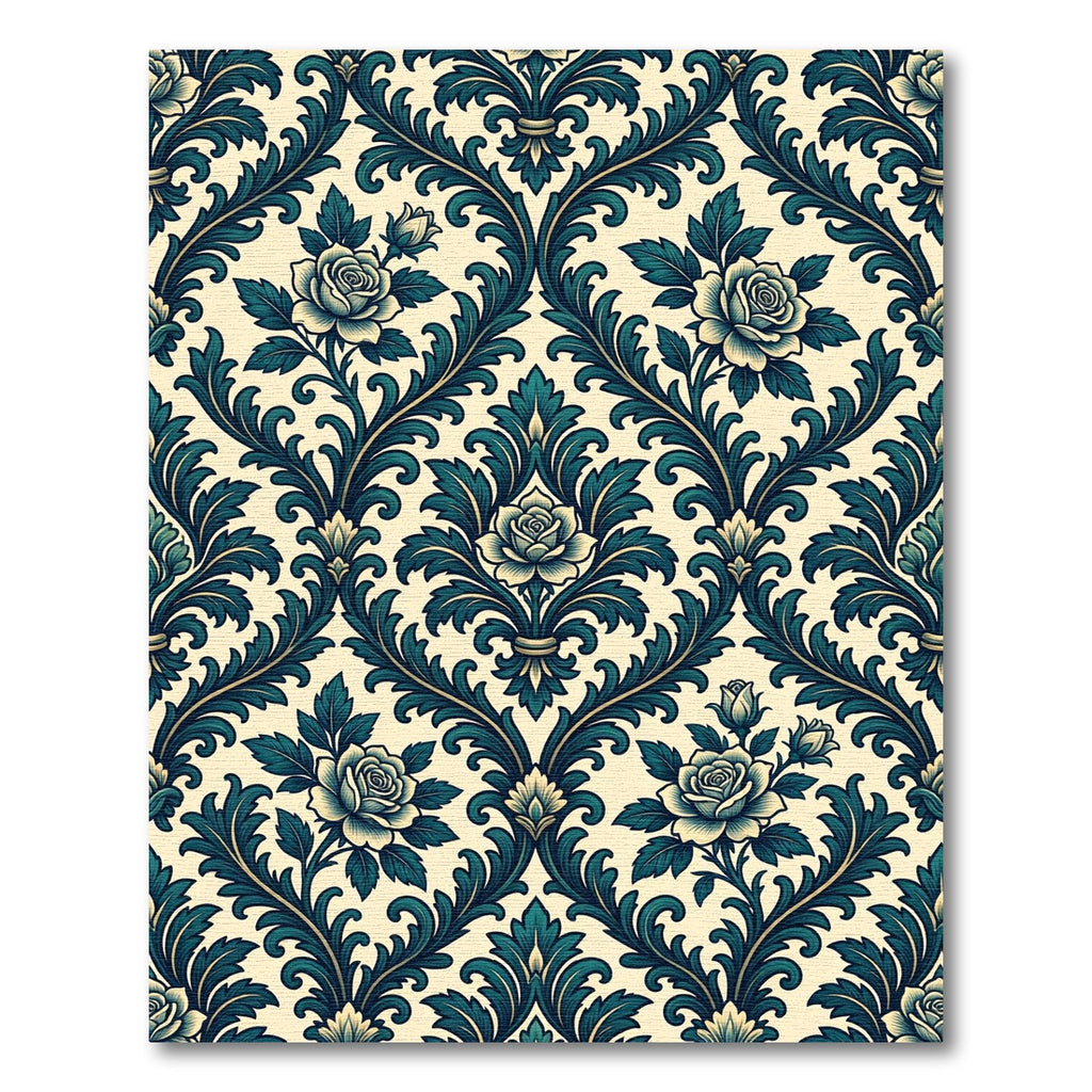 Elegant Teal Rose Damask Scroll Rug