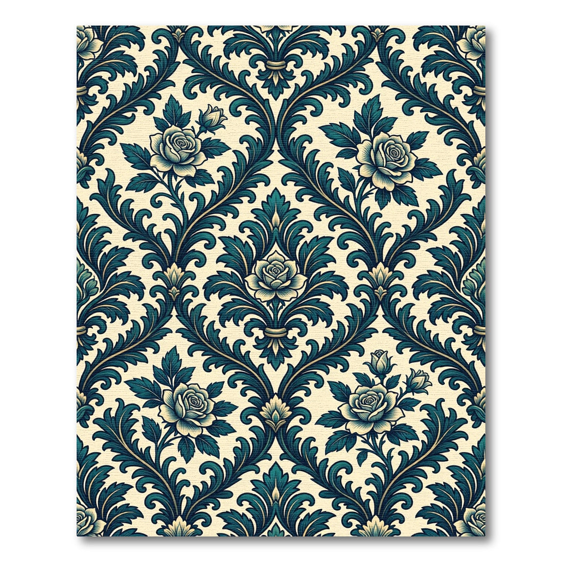 Elegant Teal Rose Damask Scroll Rug