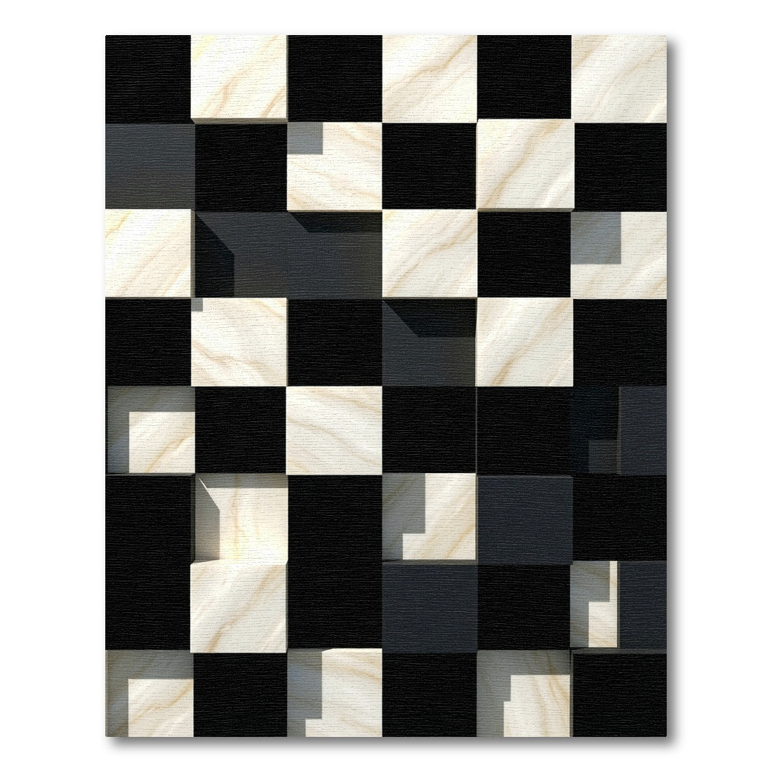 Modern Monochrome Checkerboard Marble Tile Rug
