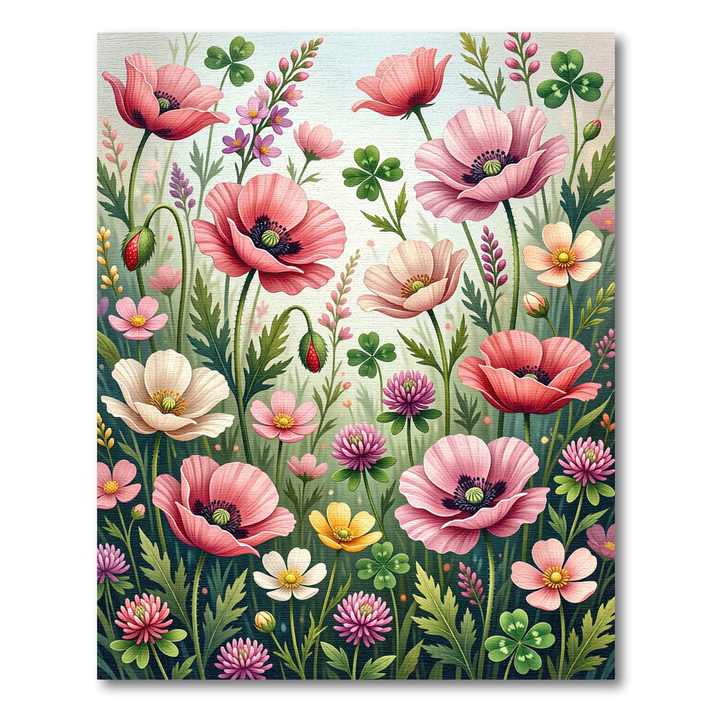 Vibrant Pink Poppies and Clover Meadow Rug