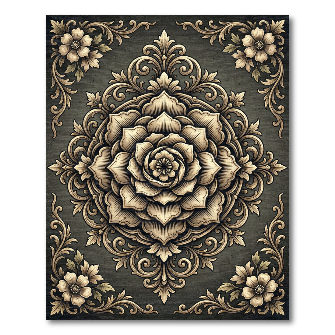 Ornate Golden Floral Medallion Scroll Rug