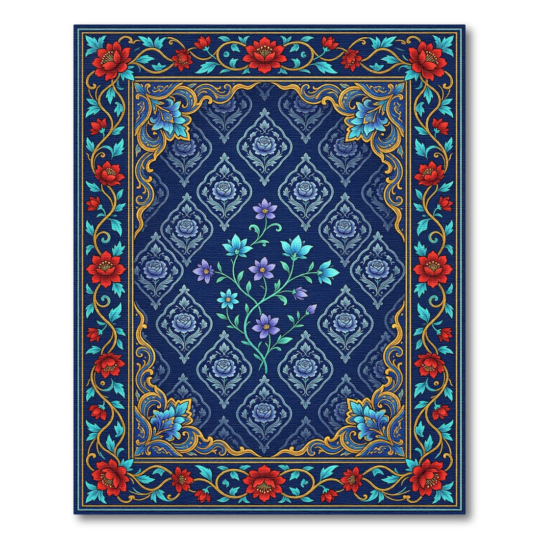 Midnight Blue Floral Meadow Art Rug